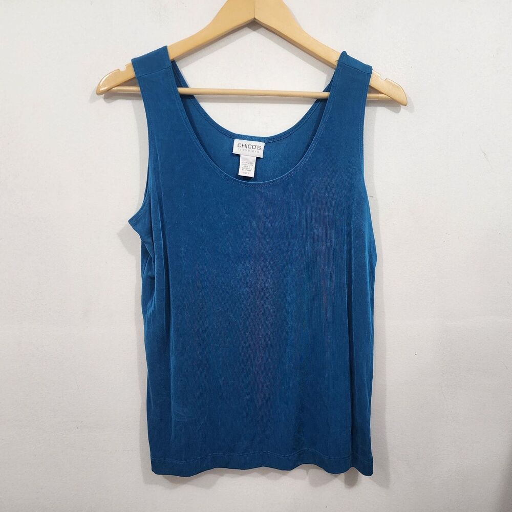 Chico's Travelers Sleeveless Round Neck Slinky Knit Cami Top Teal Blue Sz 2 (L)